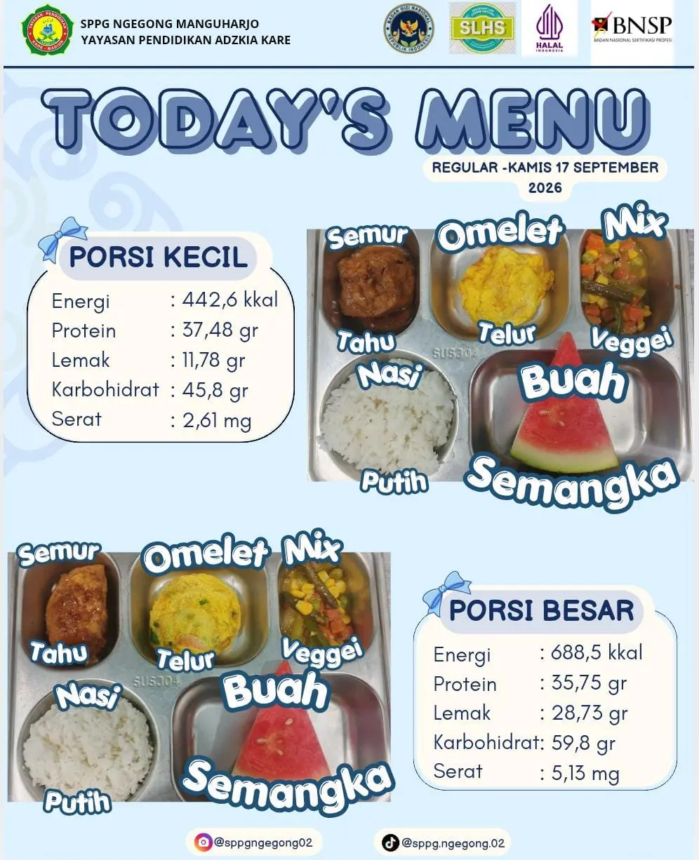 Nasi putih, omelete telur, semur tahu, saute mix veggei, semangka